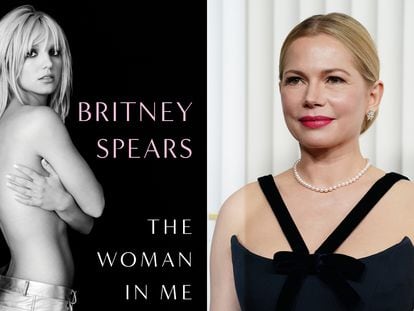 La portada del libro autobiográfico de Britney Spears, 'The Woman In Me' (Gallery Books, 2023) y Michelle Williams en una composición fotográfica.