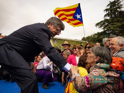 Carles Puigdemont, en un acto en Elna (Francia) el 6 de abril que congregó a más de 2.000 personas.