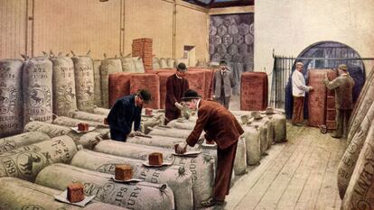 Grabado de 1754 que muestra un almacén de muestreo de lúpulo de Arthur Guinnes en Dublín, Irlanda.