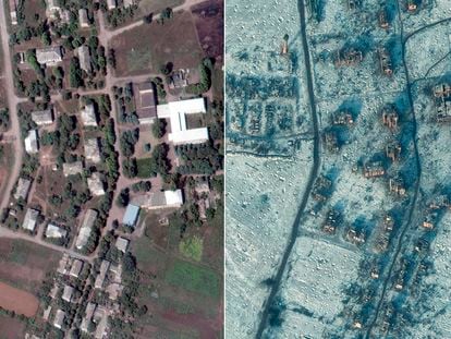 En la izquierda, imagen de satélite de la localidad de Soledar el 1 de agosto de 2022 y en la derecha, el 10 de enero de 2023.