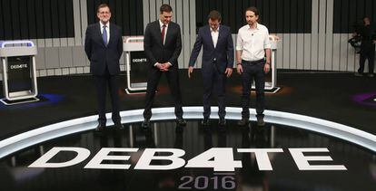 Rajoy, S&aacute;nchez, Rivera e Iglesias, el lunes durante el debate a cuatro.