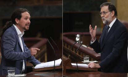 Pablo Iglesias y Mariano Rajoy, durante el debate de la moción de censura. <a href="http://elpais.com/elpais/2017/06/13/album/1497338623_096967.html">Ver más fotos del debate</a>