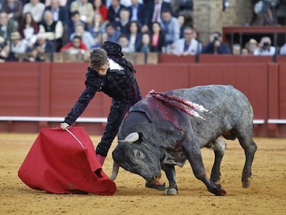 Manuel Escribano y el toro Cobradiezmos, indultado en Sevilla en 2016.