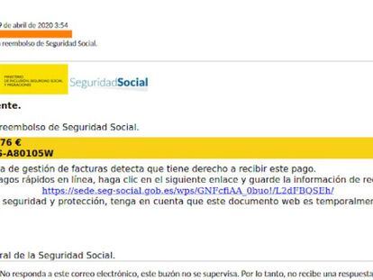 Ejemplo de correo electrónico fraudulento suplantando a la Seguridad Social.