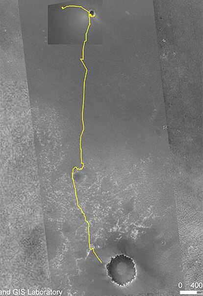 Recorrido del <i>Opportunity</i> en Marte desde su llegada al cráter Eagle (arriba) hasta el cráter Victoria.