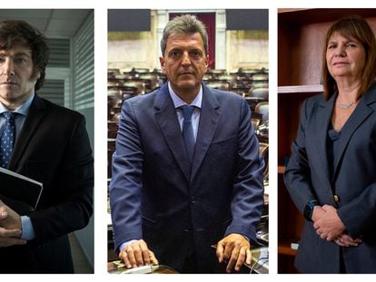 Los aspirantes a la Presidencia de Argentina Horacio Rodríguez Larreta,  Javier Milei, Sergio Massa y Patricia Bullrich .