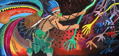 Parte del mural de la escuela del profesor Omar Pérez. Recurrentemente en la pintura indígena aparecen los ancestros ayudando a las familias de hoy. En este caso, para combatir el nuevo virus. 