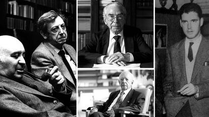 D'esquerra a dreta: Martí de Riquer, José María Valverde, José Manuel Blecua i Antoni Comas. A sota, Miquel Batllori.