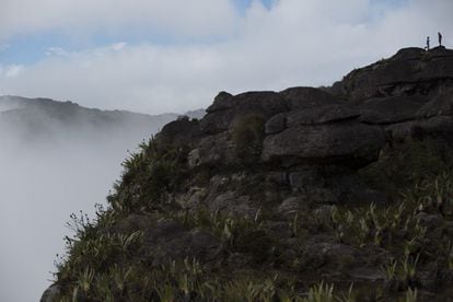 El Roraima es una meseta de arenisca que sobresale más de mil metros sobre las sabanas boscosas circundantes. Está ubicada en el extremo sudeste del Parque Nacional de Canaima, que se extiende por unos 30.000 kilómetros cuadrados. En la imagen, excursionistas sobre el tope rocoso mirando hacia la sabana.