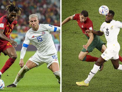 A la izquierda, Nico Williams durante el partido contra Costa Rica el miércoles; a la derecha, Iñaki Williams este jueves con Ghana ante Portugal.