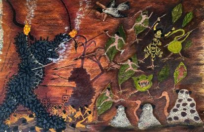 En esta pintura, Santiago Yahuarcani, artista de la etnia huitoto, representa la lucha de las plantas del bosque y los animales contra las enfermedades (el personaje negro de gran tamaño). El vínculo con la naturaleza es muy importante dentro de la cultura ancestral huitoto.