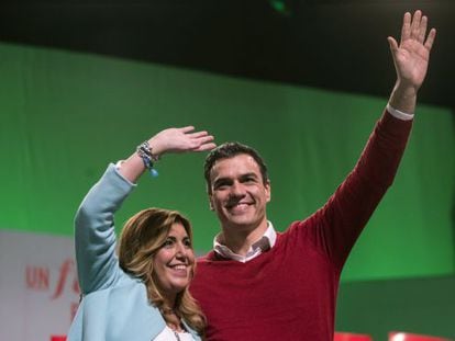 Pedro S&aacute;nchez y Susana D&iacute;az en un mitin en Torremolinos (M&aacute;laga) durante la campa&ntilde;a electoral. 