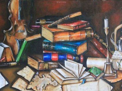 “Desorden en la biblioteca”, óleo de Belkis Lizardo.