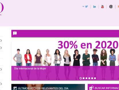 Web de la CNMV, con el color violeta predominante con motivo del Día Internacional de la Mujer.