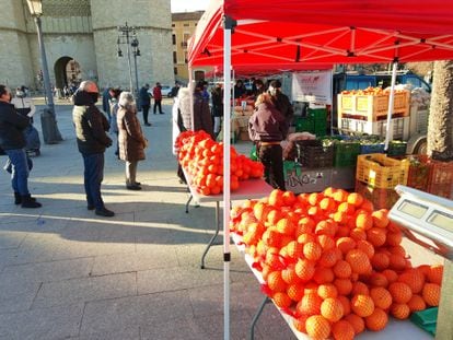 Puestos de cítricos en el mercado extraordinario organizado frente a las Torres de Serranos de Valencia este domingo por Per l'Horta y el Ayuntamiento de València.