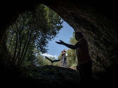 El biólogo Marc López Roig libera un murciélago el pasado 7 de mayo en una cueva de La Noguera, Lleida.