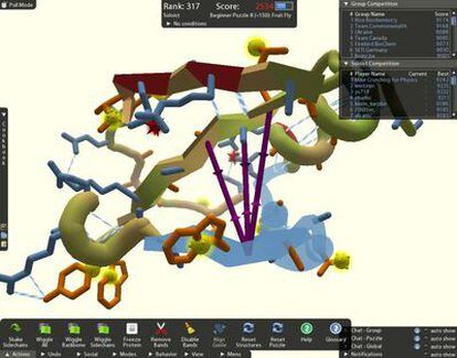 Interfaz del juego Foldit para optimizar la estructura en tres dimensiones de una proteína.