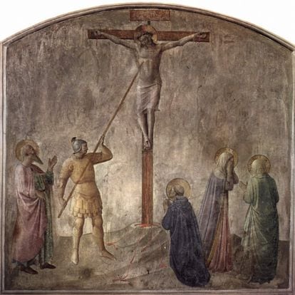 Longino clavando la lanza en el costado de Cristo, por Fra Angélico.