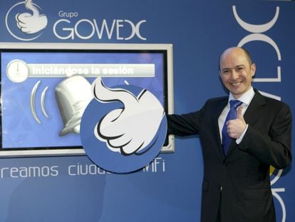 El consejero delegado y fundador de Gowex, Jenaro García, durante el toque de campana que marcó el inicio de la cotización de la compañía en el Mercado Alternativo Bursátil (MAB) en julio de 2014.