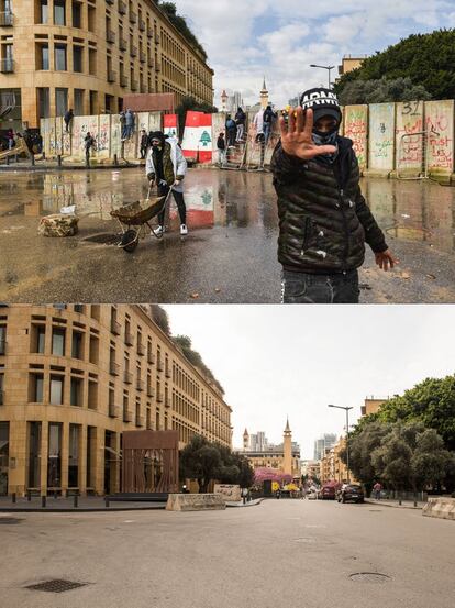 El Gobierno libanés levanta muros de hormigón para impedir que los manifestantes lleguen al Parlamento, en el centro de Beirut (Líbano), el pasado mes de febrero. En la imagen de abajo, el mismo lugar el 25 de marzo.