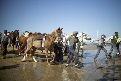 Un grupo de jinetes de la Hermandad del Rocío de Sanlúcar suben sus caballos al barco que los cruzará a Doñana por Bajo de Guía.