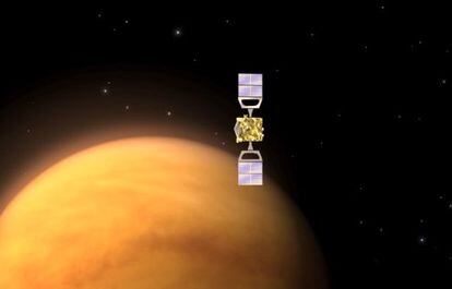 Ilustración de la sonda `Venus Express´ iniciando el descenso hacia su zambullida en la atmósfera de Venus.