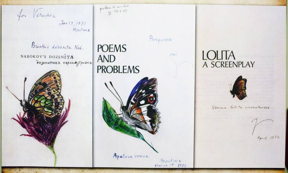 A la derecha, Mariposa imaginaria (Verinia lolita cinemathoides) que Nabokov dibujó en abril de 1974 en su copia del guion de 'Lolita'. Al lado, dibujos de 1971 en otras de sus obras.