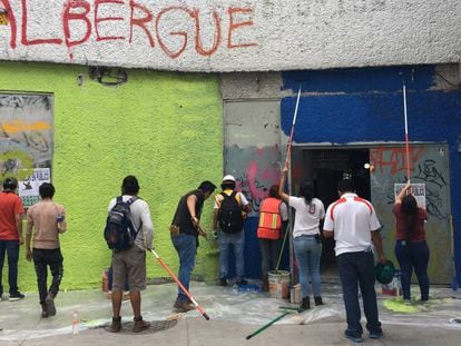 Un albergue improvisado en el Centro Histórico de la Ciudad de México.