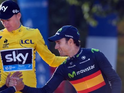 Nairo Quintana, Chris y Froome y Alejandro Valverde en el podio del Tour de Francia. Los tres participan en la Vuelta