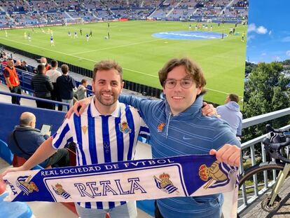 A la izquierda de la imagen, Daniel Mañero con la camiseta de la Real Sociedad junto a un amigo. A la derecha, vista del Reale Arena tras completar su viaje en bicicleta desde Valencia.