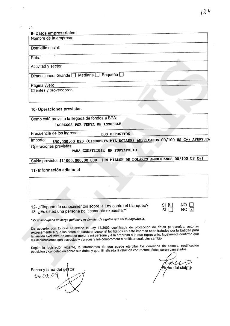 Segunda página del documento know your client (conozca a su cliente, en inglés) que rellenó en la Banca Privada d'Andorra (BPA) para abrir una cuenta en marzo de 2009 la senadora del PRI Sylvana Beltrones.