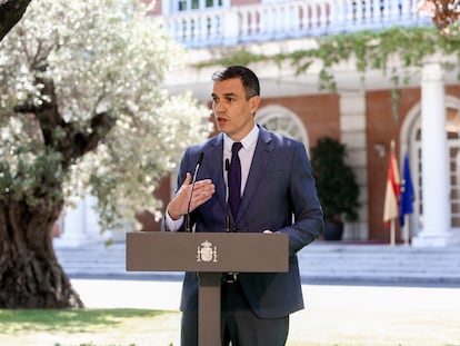 El presidente del Gobierno, Pedro Sánchez, este jueves en La Moncloa, tras la firma de un acuerdo sobre las pensiones.