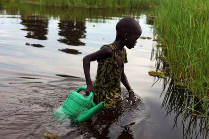 Una niña recoge agua en Sudd Swamp, Sudán del Sur. / ANDREEA CAMPEANU (REUTERS)
