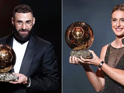 El francés Kaim Benzema y la española Alexia Putellas sujetan el Balón de Oro.