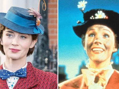 Emily Blunt y, a la derecha, Julie Andrews, ambas en el papel de Mary Poppins. 