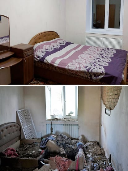 El antes y el después de la habitación del matrimonio de Viktor Korotkiy (45) y Anna (42). 