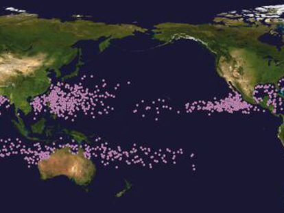 Distribuci&oacute;n global de los ciclones tropicales en su fase de mayor intensidad entre 1982 y 2012.