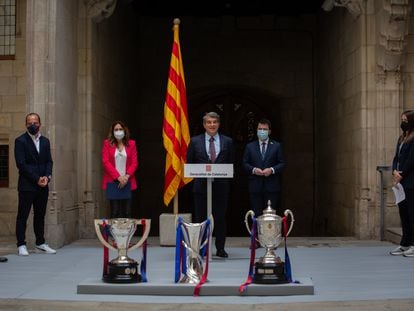 El presidente del Barcelona, Joan Laporta, en el reconocimiento de la Generalitat al equipo femenino azulgrana, tras ganar la Liga, la Copa y la Champions.