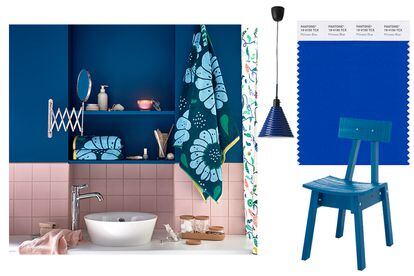 Princess Blue es un azul asociado a la realeza. Se inspira en el posmodernismo del Grupo Memphis para estancias funcionales como el baño. En la imagen, lámpara de techo FÄRGSTARK (24,99 €) y silla INDUSTRIELL (79 €), de IKEA.