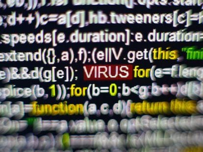 Pantalla con el término "virus" en el centro.