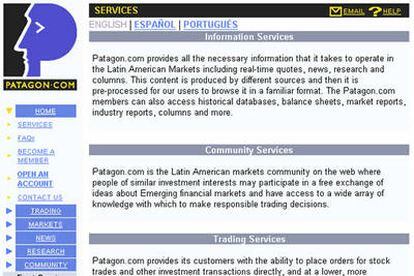 Este es el aspecto que mostraba la sección de servicios del banco online Patagon en diciembre de 1998, antes de que alcanzara un acuerdo con el BSCH.