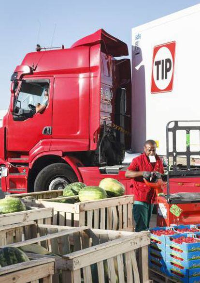 El frenético proceso de carga y descarga en la nave de frutas se renueva cada mañana en Mercamadrid, donde en 2016 se comercializaron 2,5 millones de toneladas de productos frescos.
