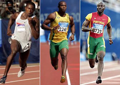 Shawn Crawford, Asafa Powell y Francis Obikwelu.