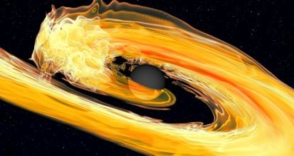 Representación de la fusión entre un agujero negro, en el centro, y una estrella de neutrones.