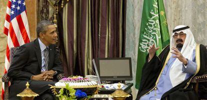 El presidente Barack Obama junto al rey Abdal&aacute; de Arabia Saud&iacute;, este viernes. 