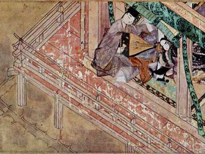 Ilustración del siglo XII para el 'Genji monogatari', en la que el príncipe Niou-no-miya consuela a su esposa, la princesa Uji.