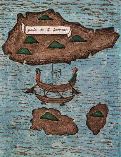 Dibujo de la Islas de los Ladrones (hoy Las Marianas) tomado de la copia de 'La primera vuelta al mundo', de Pigafetta.