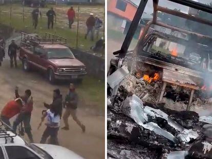 Un momento del enfrentamiento y un vehículo calcinado, en Texcaltitlán, este viernes, en imágenes compartidas en redes sociales.