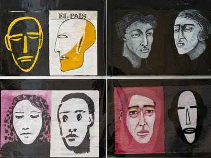 Ocho retratos de la muestra 'Ágora de los mil rostros', de Juan Martínez, en la sala del Rectorado de Málaga.