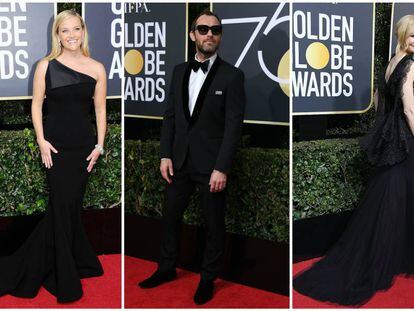 De izquierda a derecha: Reese Witherspoon (con vestido de Zac Posen), Jude Law (Saint Laurent) y Nicole Kidman (Givenchy), en los Globos de Oro.